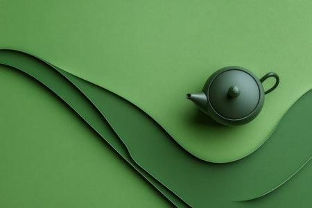 A teapot sits elegantly beside a cup against a soothing green background, evoking serenity and a tranquil tea experience.の素材