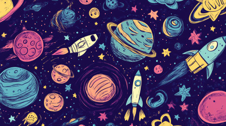 Cosmic doodles showcase a vibrant night sky filled with planets, stars, asteroids, and playful rockets, creating a whimsical atmosphere.の素材
