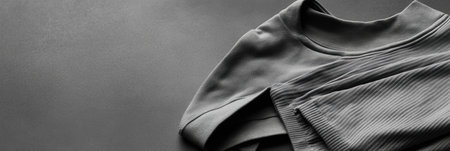 A collection of minimalist sportswear is thoughtfully arranged on a smooth table, emphasizing simplicity and functionality for workouts.の素材