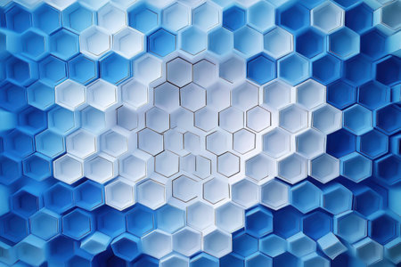 Layered hexagons in various shades of blue create a mesmerizing geometric abstraction, drawing the eye toward the center.の素材