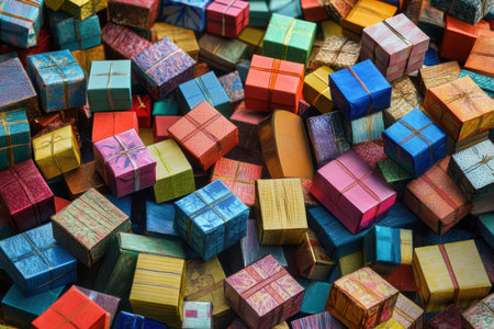 An array of small, colorful gift boxes in different sizes is beautifully arranged, creating a festive atmosphere for celebrations and gifting.の素材