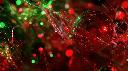 Bright red and green Christmas ornaments and lights create an abstract display, capturing the festive spirit of the holiday season.の素材