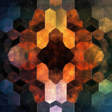 The artwork features concentric hexagons in various hues, creating a captivating geometric pattern that draws the eye inward.の素材