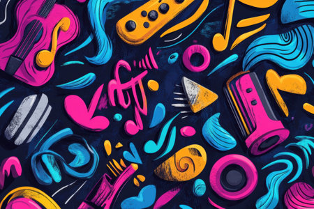 A vibrant collection of music-themed doodles showcases instruments, notes, headphones, and sound waves in colorful patterns.の素材