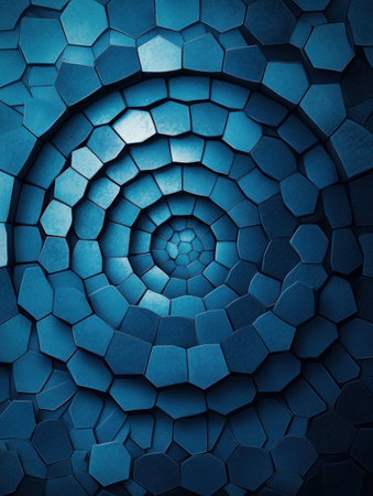 A striking composition of layered hexagons spirals inward, showing a gradient of blue tones in a geometric abstraction.の素材
