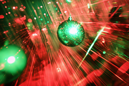 Bright and colorful holiday decorations create a dynamic visual experience with swirling lights and ornaments in festive colors.の素材