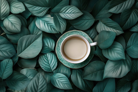 A delicate tea cup filled with warm beverage is nestled within lush green leaves, evoking a sense of calm and tranquility.の素材
