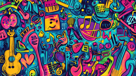 A colorful array of doodles brings together musical instruments, notes, and headphones, celebrating the joy of music and creativity.の素材