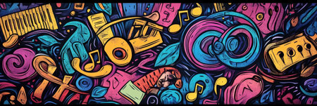 Colorful doodles capture the essence of music with instruments, notes, and sound waves blending harmoniously in an artistic arrangement.の素材