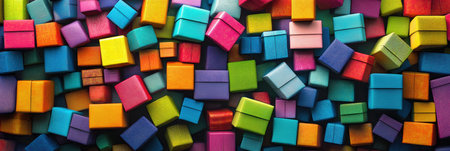 A delightful assortment of bright, small gift boxes of various sizes, arranged artistically on a flat surface, perfect for celebrations.の素材