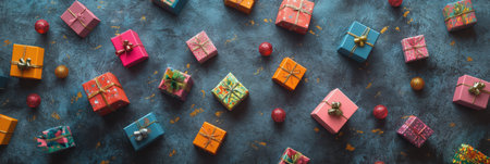 A variety of small, colorful gift boxes in differing sizes are creatively arranged on a textured blue background, ideal for festive occasions.の素材