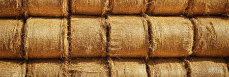 Golden hay bales are neatly arranged, basking in the sunlight with a beautiful fall landscape in the background.の素材