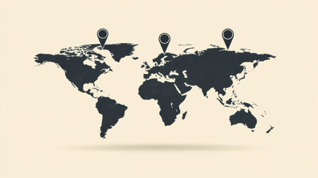 A world map outline is marked with pins highlighting significant travel destinations for explorers and adventurers.の素材