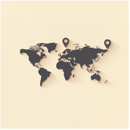 A world map outline features several map pins marking major travel destinations for explorers and adventurers to discover.の素材