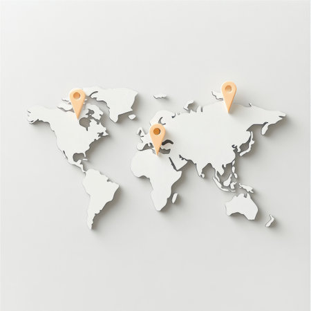 A world map outline features colored map pins to indicate popular travel destinations, inviting exploration of diverse locations.の素材