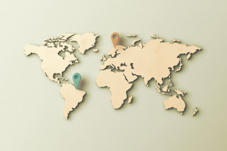 The world map outlines significant travel destinations marked with colorful pins for planning trips around the globe.の素材