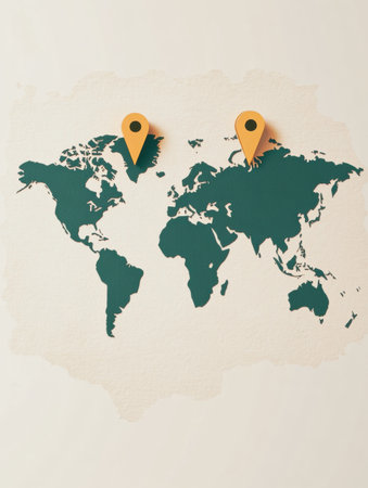 A world map outlines various major travel destinations, marked with vibrant map pins to inspire future journeys.の素材