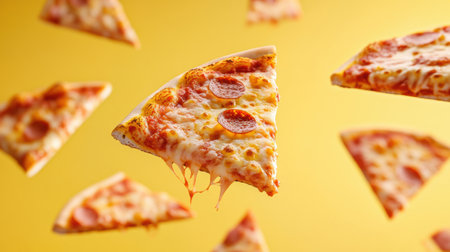 Slices of pizza fly diagonally against a vibrant background, inviting food enthusiasts to savor the delightful moment of joy.の素材