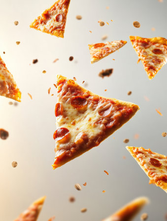 Pepperoni pizza slices float diagonally in a dynamic arrangement, creating a lively atmosphere with space for text in the center.の素材