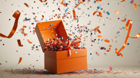 An overflowing gift box erupts with a shower of colorful confetti and ribbons, creating a lively atmosphere of celebration and joy.の素材