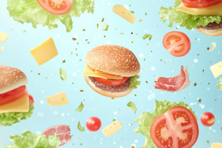 Colorful burger ingredients float in the air, featuring fresh lettuce, ripe tomatoes, cheese slices, and juicy meat against a blue backdrop.の素材