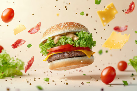This tasty burger showcases fresh lettuce, tomatoes, cheese, and meat scattered around, highlighting its appetizing ingredients and preparations.の素材