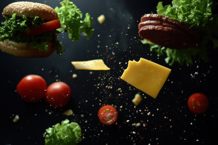 Fresh lettuce, juicy tomatoes, cheese slices, and meat pieces are artistically scattered, showcasing ideal burger ingredients.の素材