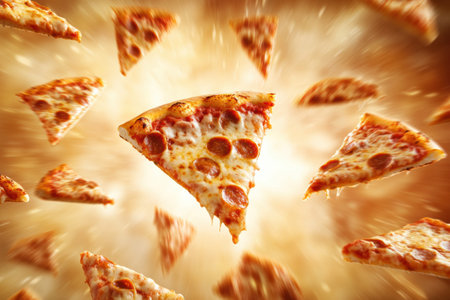 Slices of pizza fly diagonally, creating an energetic atmosphere while leaving ample space for text in the center.の素材