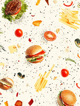 Colorful burger ingredients are artistically spread out on a light background, showcasing lettuce, tomatoes, cheese, and meat components.の素材