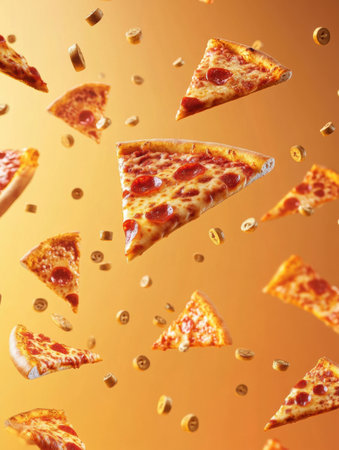 Slices of pizza soar diagonally against a warm orange backdrop, creating an energetic atmosphere perfect for a tasty food celebration.の素材