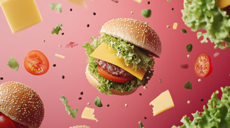 Fresh burger ingredients, including lettuce, tomato, cheese, and meat, are surrounding a perfectly crafted burger in a dynamic setting.の素材