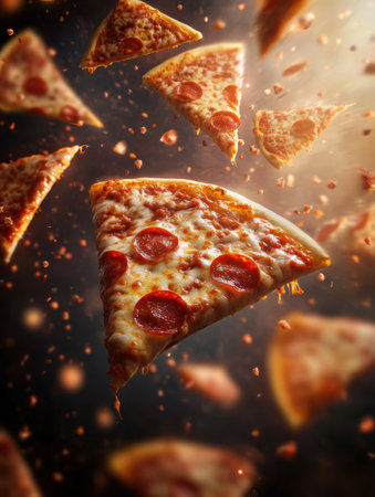 Pepperoni pizza slices float dynamically against a dark backdrop, creating an energetic composition perfect for promotional content.の素材