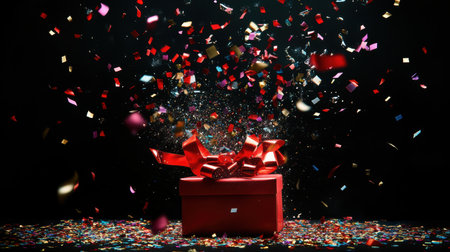 An open red gift box erupts with colorful confetti and ribbons, creating a festive atmosphere perfect for celebrations.の素材