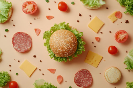 Fresh burger ingredients are artfully scattered, highlighting colorful lettuce, juicy tomatoes, savory meat, and rich cheese on a pale surface.の素材