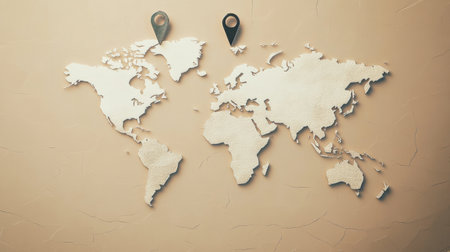 A world map outline displays key travel destinations marked by pins, inspiring future journeys around the globe.の素材