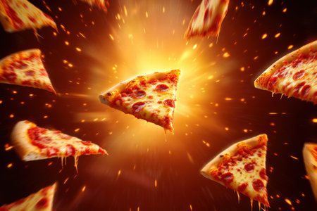 Large slices of pizza soar through the air, creating a lively scene that invites excitement and interaction in the center.の素材