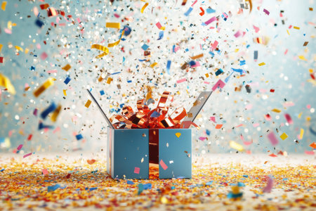 An open gift box releases a burst of colorful confetti and ribbons, adding excitement to a festive occasion and enhancing the celebration atmosphere.の素材