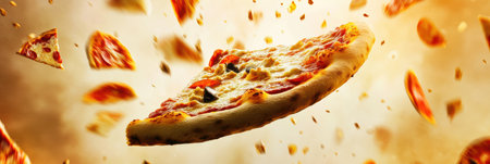 Colorful slices of pizza soar across the frame, adding energy and fun, while providing an ideal space for creative text placement.の素材