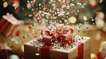The gift box, decorated with a ribbon, spills confetti and colorful ribbons, creating a joyful atmosphere of celebration and surprise.の素材
