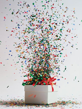A vibrant gift box bursts open, releasing a shower of confetti and ribbons, creating a joyful atmosphere perfect for any celebration.の素材