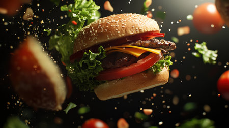 Ingredients like lettuce, tomatoes, cheese, and meat float around a freshly made burger, showcasing vibrant culinary elements.の素材
