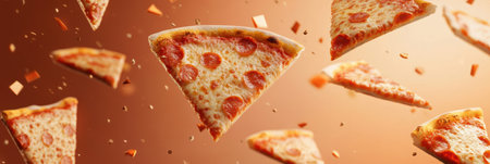 Colorful slices of pepperoni pizza are soaring diagonally, creating a lively atmosphere ideal for sharing delicious food moments.の素材