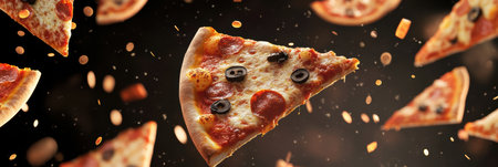 Flying slices of pizza with toppings and cheese create an energetic backdrop, leaving vibrant space for engaging text or messages.の素材