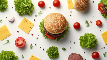 Fresh lettuce, tomatoes, cheese, and a hamburger sit together on a white surface, showing colorful burger ingredients ready for a meal.の素材