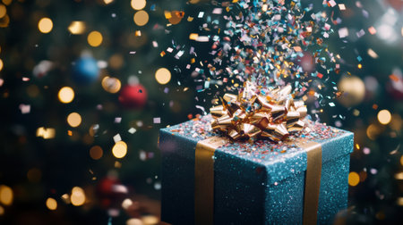 An open gift box erupts with vibrant confetti and shiny ribbons, creating a joyful atmosphere as it celebrates a special occasion.の素材