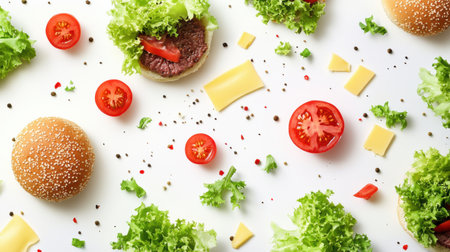 A vibrant assortment of fresh burger ingredients is spread out, including leafy lettuce, juicy tomatoes, slices of cheese, and beef patty.の素材