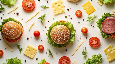 Colorful burger ingredients such as lettuce, tomatoes, cheese, and meat are artfully scattered on a light surface, creating a tasty visual.の素材