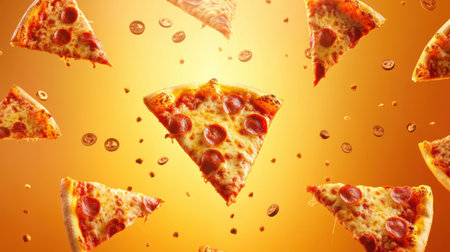 Colorful slices of pepperoni pizza soar diagonally against a bright backdrop, inviting playful creations in the empty center area.の素材