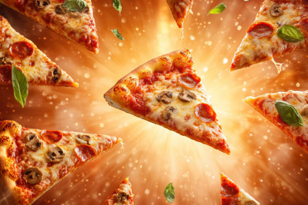 Delicious pizza slices soar through a colorful background, adding energy and appeal, perfect for culinary marketing and events.の素材