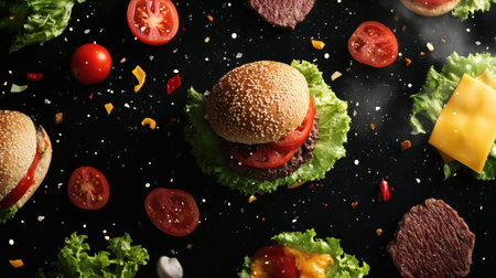 Fresh ingredients for a delicious burger are artistically arranged with lettuce, tomatoes, cheese, and meat on a dark surface for easy preparation.の素材